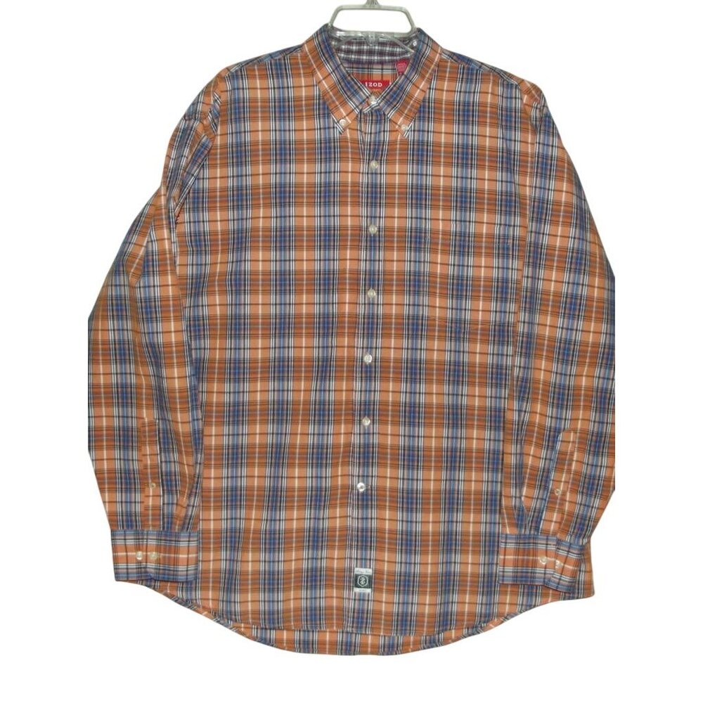 IZOD Shirt Mens XL Orange White Blue Plaid Button-Down Collar Heritage Tartan